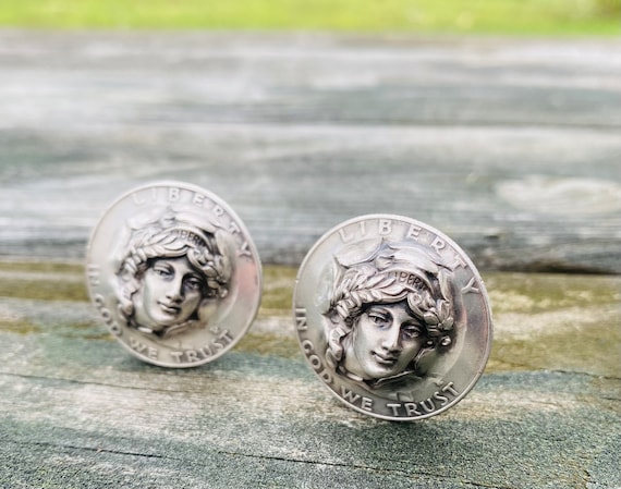 Antique cufflinks, Repousse face, Barber dime, Si… - image 3