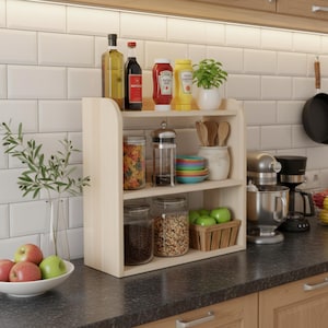Solid Pine Wood Desk Shelf, Japandi Style Countertop Organizer, 3-Tier Kitchen Spice Rack