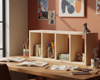 Solid Pine Wood Desk Shelf | Minimalist Bookshelf | Eco-Friendly Workspace Organizer | Japandi Desk Storage