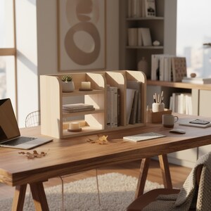 May include: A light-colored wooden desk organizer with multiple compartments, holding books, candles, and a small plant. The organizer sits on a wooden desk with a laptop, keyboard, and other office supplies. The background includes a window and a bookshelf.