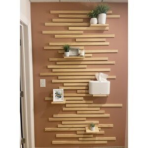 Puede incluir: Una moderna decoraci&oacute;n mural con listones de madera horizontales contra una pared rosa apagada. Peque&ntilde;os estantes sostienen plantas en macetas, un cuadro enmarcado, una vela y un dispensador de pa&ntilde;uelos. La palabra "LOVE" es visible en un peque&ntilde;o letrero enmarcado.