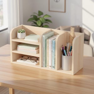 May include: A light-colored wooden desk organizer with multiple compartments. It features shelves for books and notebooks, a section for pens and pencils, and a small succulent plant in a white pot. A ruler and eyeglasses are also visible.