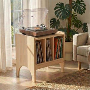 Könnte beinhalten: Ein hölzerner Plattenspieler mit durchsichtiger Abdeckung steht auf einem hellen Holzschrank mit drei Fächern, die mit Schallplatten gefüllt sind. Der Schrank hat gebogene Beine. Der Sockel des Plattenspielers ist aus dunklem Holz.
