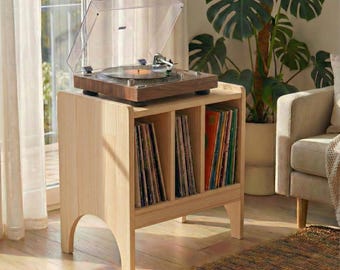 Soporte para tocadiscos de madera maciza, mueble para guardar discos de vinilo, consola audiófila moderna de mediados de siglo