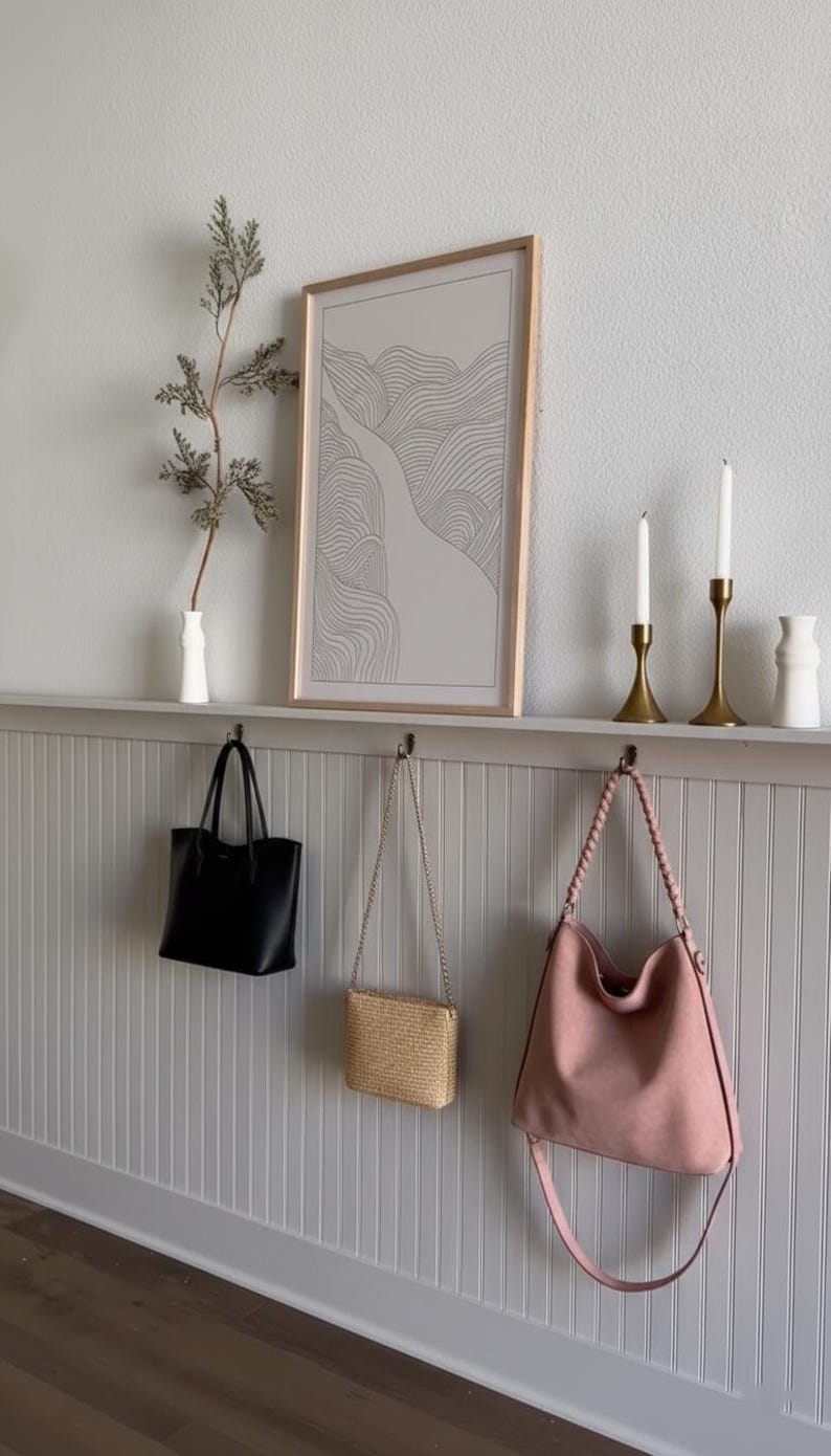 Pu&ograve; includere: Una scena d'interni minimalista presenta una borsa tote nera, una borsa di paglia intrecciata e una borsa a tracolla rosa appese a dei ganci. Una stampa artistica astratta incorniciata, candele e un vaso con vegetazione sono esposti su una mensola.