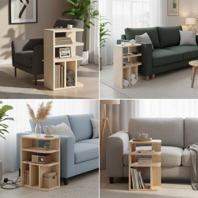 May include: A light-colored wooden side table with multiple shelves and compartments. The table is rectangular with rounded edges and is designed to fit next to a sofa or chair. It is shown in various living room settings.