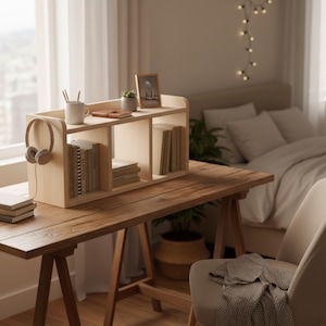 May include: A light-colored wooden desk organizer with three compartments, holding books, a mug, and a small potted plant. A pair of headphones hangs on the side. The organizer sits on a wooden desk with a rustic finish.