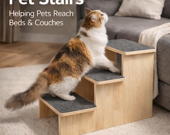 Wooden Pet Stairs for High Beds | Non-Slip 3 Step Dog Ramp