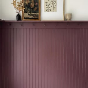 Pu&ograve; includere: Una parete color bordeaux con pannelli verticali e una mensola. La mensola espone opere d'arte incorniciate, un piccolo vaso con fogliame secco e una tazza di ceramica. Le opere d'arte includono un dipinto floreale e una stampa botanica.