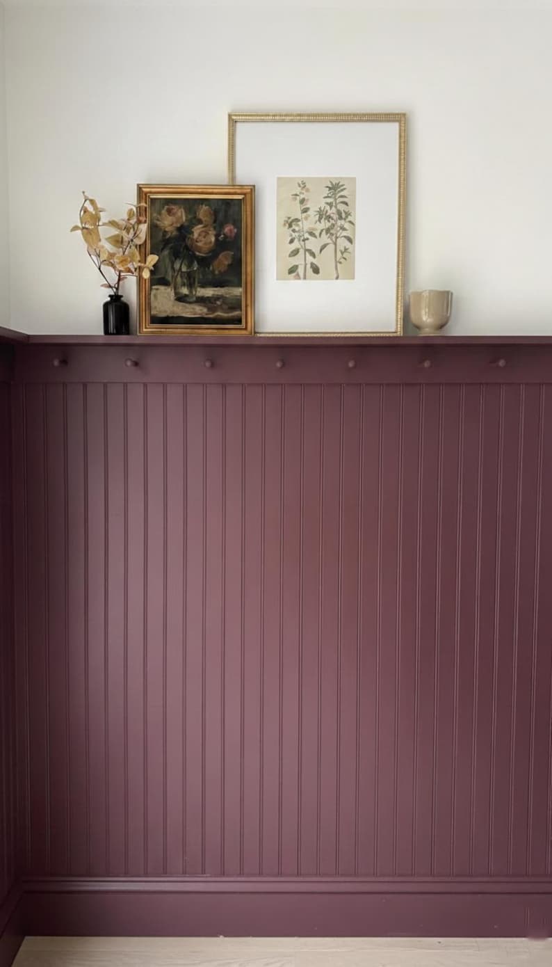 Pu&ograve; includere: Una parete color bordeaux con pannelli verticali e una mensola. La mensola espone opere d'arte incorniciate, un piccolo vaso con fogliame secco e una tazza di ceramica. Le opere d'arte includono un dipinto floreale e una stampa botanica.