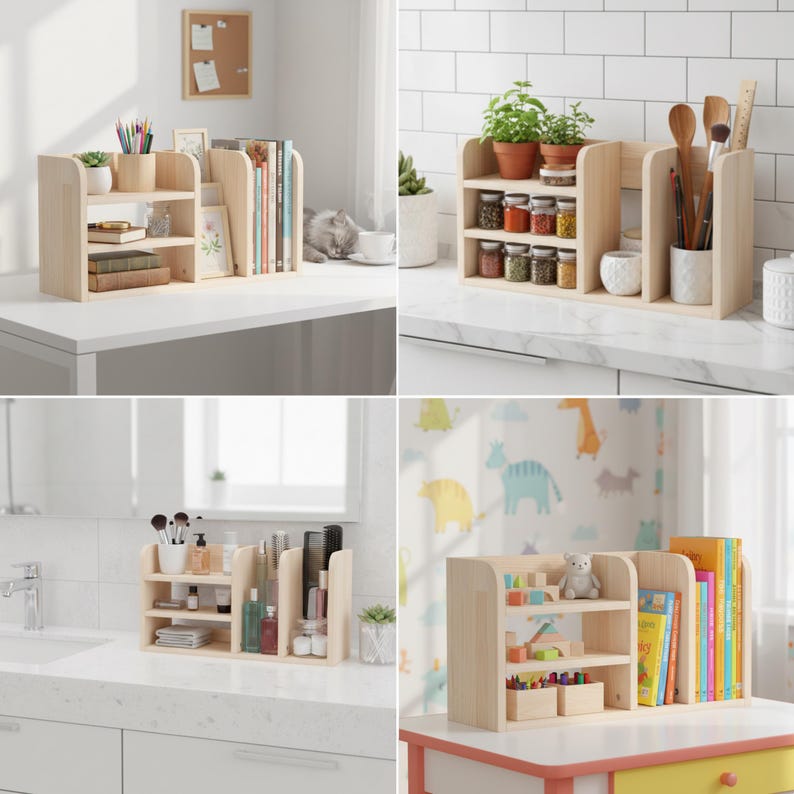 May include: A light-colored wooden desk organizer with multiple shelves and compartments. The organizer is designed to hold books, office supplies, and decorative items. The design is simple and modern, suitable for various rooms.