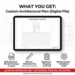 Pu&ograve; includere: Un progetto architettonico digitale visualizzato su un tablet nero. Il progetto include un disegno dettagliato di un design di mobili con dimensioni. L'immagine evidenzia anche funzionalit&agrave; come disegni CAD 2D, piani dimensionali esatti, liste della spesa dei materiali e guide all'installazione.