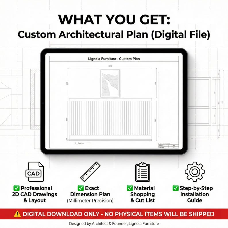 Pu&ograve; includere: Un progetto architettonico digitale visualizzato su un tablet nero. Il progetto include un disegno dettagliato di un design di mobili con dimensioni. L'immagine evidenzia anche funzionalit&agrave; come disegni CAD 2D, piani dimensionali esatti, liste della spesa dei materiali e guide all'installazione.