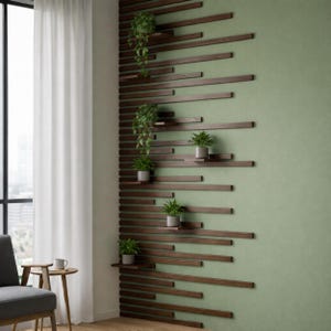 Puede incluir: Un moderno sistema de estanter&iacute;as murales para plantas. Listones de madera marr&oacute;n oscuro est&aacute;n dispuestos horizontal y verticalmente contra una pared verde apagada. Peque&ntilde;as plantas en macetas se colocan en los estantes, con plantas colgantes.