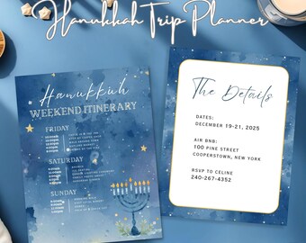 May include: A Hanukkah trip planner with a blue watercolor background. The planner includes a weekend itinerary with details for Friday, Saturday, and Sunday. The details section includes dates, an Airbnb address, and an RSVP contact.