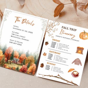 Può includere: Un pianificatore di viaggio a tema autunnale di 4 pagine con il testo "4 Page Fall Trip Planner". Il pianificatore include dettagli, date, un itinerario e illustrazioni di elementi autunnali.