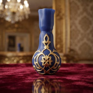 May include: A matte blue vase with a narrow neck and a flared rim, featuring intricate, raised gold-colored filigree patterns that wrap around the bulbous body, showcasing a central floral motif and symmetrical scrolling designs.