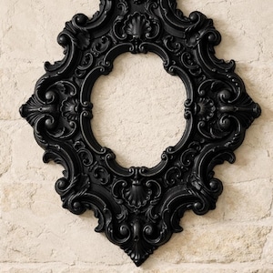 Baroque Royal Medallion Wall Frame, Sculptural Black Decor with Floral Design