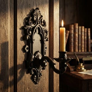 May include: A dark metal wall-mounted candle holder with an ornate, scrollwork backplate and a single curved arm. A lit, cream-coloured taper candle sits in the circular cup, casting a warm glow against the textured wooden surface behind it.