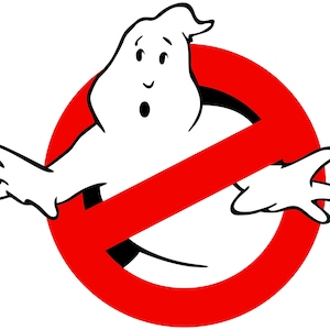 May include: A white cartoon ghost with a surprised expression, arms outstretched, inside a red circle with a diagonal red line through it. The ghost has black eyes and a black mouth. The image is a logo.