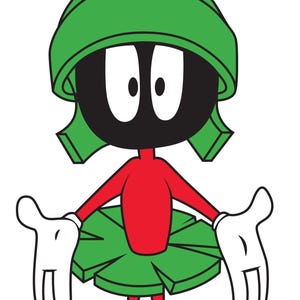 May include: Cartoon illustration of Marvin the Martian. The character has a black head, red torso, and green skirt and helmet. He wears white gloves and shoes with red soles. A yellow and orange crest sits atop his helmet.
