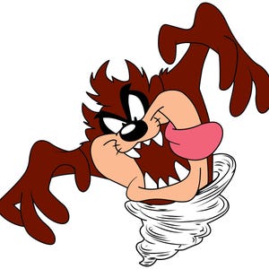 May include: Cartoon image of the Tasmanian Devil, a brown, cartoon character with a large mouth, white teeth, and a pink tongue. The character is emerging from a white tornado.