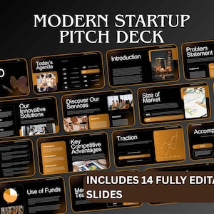 Pode incluir: Um deck de apresentação intitulado "Modern Startup Pitch Deck" com 14 slides totalmente editáveis. Os slides têm um esquema de cores preto e dourado e cobrem tópicos como "Today's Agenda", "Introduction" e "Size of Market".