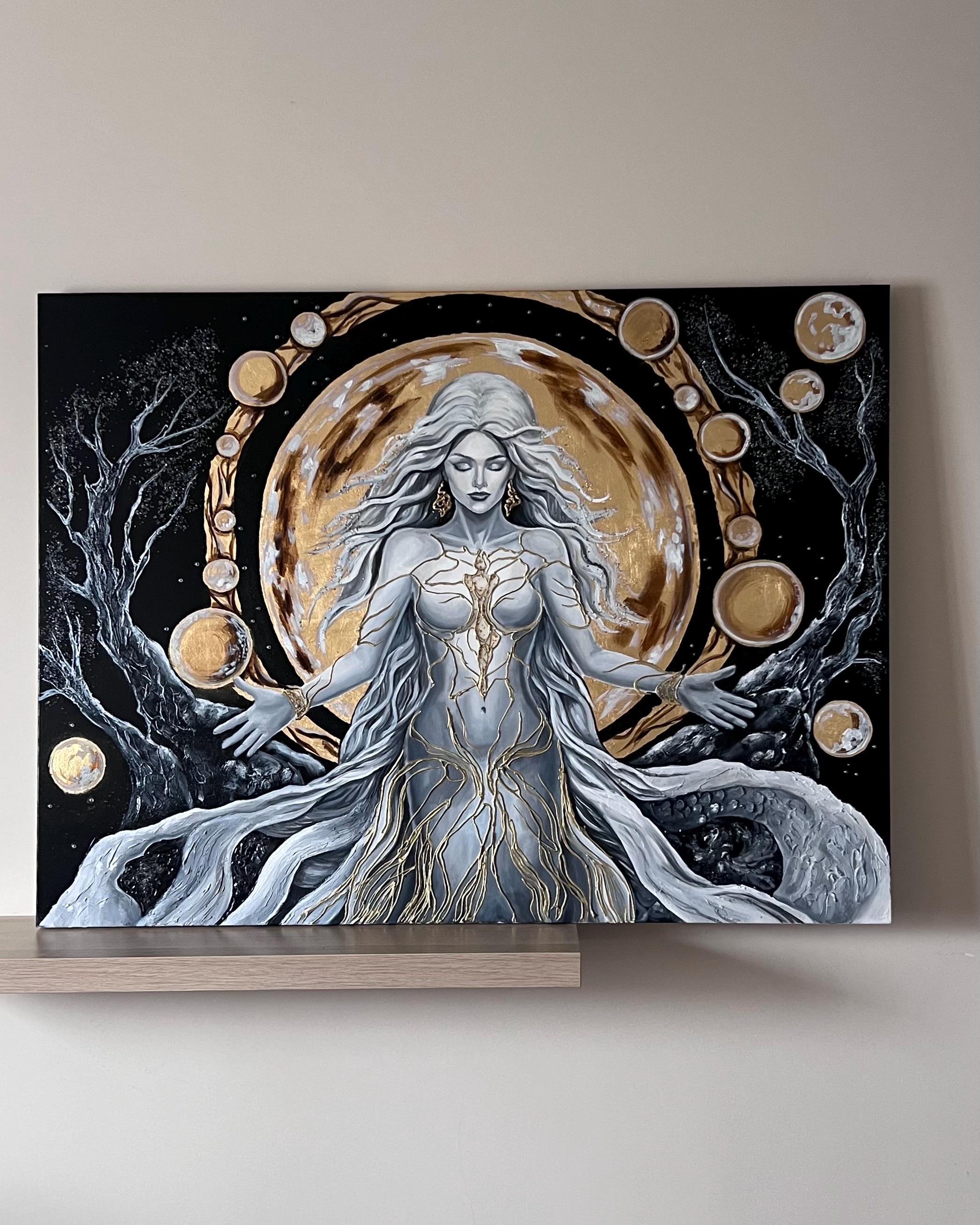 Original Acrylic Painting, Female Moon Goddess, Gold Leaf Artwork