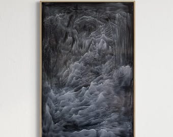 May include: Abstract art piece in a wooden frame. The artwork features a monochromatic palette of black, gray, and white, with a textured, cloud-like design. The painting evokes a sense of depth and movement, with a focus on light and shadow.