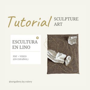 Puede incluir: Imagen de un tutorial sobre arte de escultura. La palabra "Tutorial" está en oro. La imagen presenta un lienzo marrón con formas abstractas blancas y hilo dorado. El texto a la izquierda dice "ESCULTURA EN LINO" y "PDF + VIDEO (EN ESPAÑOL)".