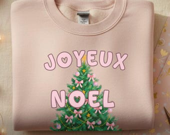 Pink Christmas Sweatshirt Joyful Noel Tree Sweater Cute Girly Holiday Pullover Cozy Winter Crewneck Pastel Xmas Gift Womens Top