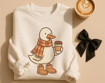 Cozy Duck Sweatshirt, Cute Duck in Uggs Crewneck, Fall Coffee Lover Pullover, Unisex Autumn Winter Apparel, Funny Animal Lover Gift