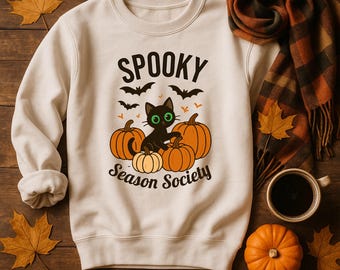 Halloween Theme Day Sweatshirt | Spooky Season Cat Mom Gift | Cozy Fall Top for Teachers, Movie Nights & October Outfits
