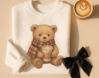 Cozy Bear Crewneck Sweatshirt,Cute Teddy Bear Pullover, Unisex Fall Winter Apparel, Coffee Lover Gift, Animal Lover Clothing, Holiday Outfit