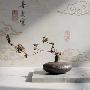 May include: A dark brown, low-profile vase holds dried branches, set on a square marble base. The background features a textured white wall with Asian-style calligraphy and cloud motifs, creating a serene, minimalist aesthetic.
