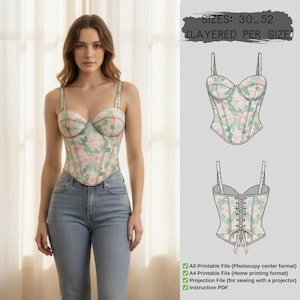May include: A floral print corset top with adjustable straps, paired with light wash jeans. The corset features a pastel green and pink floral pattern with black trim. The image also includes a technical drawing of the corset and the text "SIZES: 30_52 (LAYERED PER SIZE)".