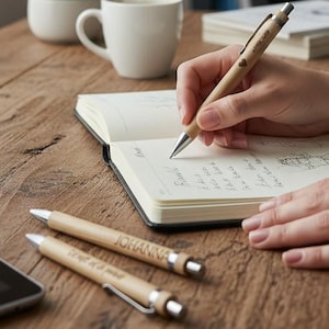 Peut inclure: Un bureau en bois avec une personne qui écrit dans un cahier avec un stylo. Deux stylos supplémentaires sont sur le bureau. Une tasse de café, des lunettes et une tablette sont également sur le bureau. Une lampe, une plante et des livres sont en arrière-plan.