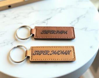 Personalized Dad or Mom Keychain – Engraved Name Keychain – Father's Day or Mother's Day Gift – Faux Leather Keychain