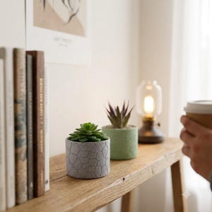 Peut inclure: Un petit pot cylindrique gris avec un motif géométrique texturé en forme de pierre contenant une plante succulente verte, placé à côté d'un pot cylindrique vert clair avec un motif en relief subtil contenant une plante succulente épineuse.