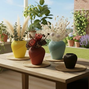 Peut inclure: Un ensemble de quatre vases côtelés en jaune, rouge foncé, bleu clair et noir. Le vase jaune contient de l'herbe de la pampa et de l'eucalyptus, le vase rouge foncé des fleurs de protéa et le vase bleu clair des tiges florales séchées.