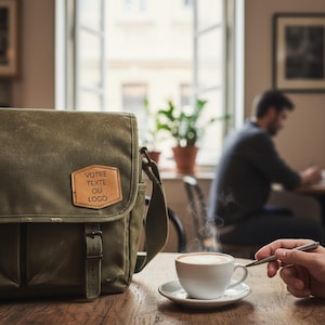 Peut inclure: Un sac messager en toile vert olive avec un patch en cuir sur lequel on peut lire "VOTRE TEXTE OU LOGO". Une tasse à café blanche avec une soucoupe est posée sur une table en bois. Une personne remue le café avec une cuillère.