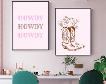 Cowgirl western wall prints, pink cowgirl boots and Howdy poster