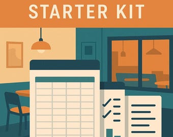 Könnte beinhalten: Illustration mit dem Text "RESTAURANT LAUNCH STARTER KIT" in Weiß auf orangefarbenem Hintergrund. Das Bild zeigt ein Restaurantinterieur mit Tisch, Stuhl und Dokumenten mit Diagrammen und Checklisten.