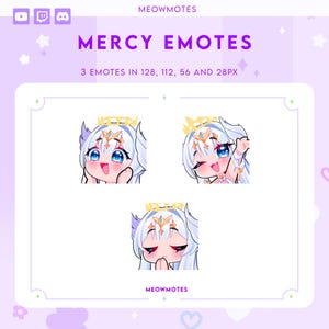 Op de afbeelding: Een digitale kunstafbeelding met drie "Mercy Emotes" op een lichtpaarse achtergrond. Elke emote toont een personage met wit haar, blauwe ogen en een gouden halo. De tekst "MERCY EMOTES" staat in paars.