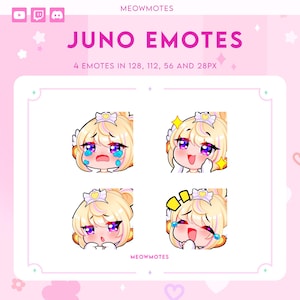 Puede incluir: Gráfico rosa con cuatro "Juno Emotes" con diferentes expresiones. Los emotes son de un personaje rubio con ojos morados, que lleva una corona. El texto incluye "JUNO EMOTES" y "4 EMOTES IN 128, 112, 56 AND 28PX". También está presente el logotipo "MEOWMOTES".