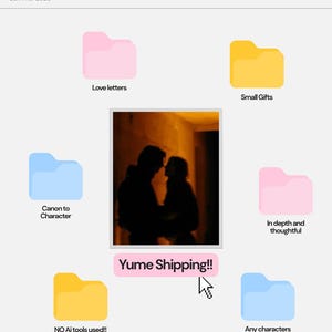 Op de afbeelding: Digitale illustratie met een lichtgrijze achtergrond en roze en gele mapiconen. De afbeelding bevat een silhouet van twee mensen, de tekst "Yume Shipping!!" en de tekst "Custom_Character_Yumeship_Package Summer 2026".