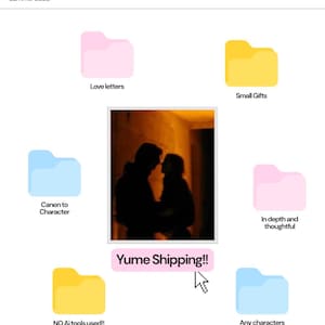 Könnte beinhalten: Digitale Illustration eines Pakets mit der Bezeichnung "Custom_Character_Yumeship_Package" mit dem Text "Summer 2026". Das Bild enthält Ordnersymbole mit Text wie "Love letters", "Small Gifts" und "Yume Shipping!!"