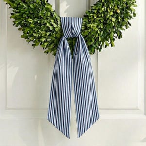 Blue & White Striped Wreath Sash, Weatherproof Outdoor Boxwood Scarf, Spring Front Door Decor, Elegant Wreath Ribbon,