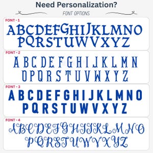 May include: A chart displaying four distinct blue font options for personalization, labeled Font-1 through Font-4. Each row presents the uppercase English alphabet from A to Z in a unique typeface, ranging from serif and block styles to cursive script.