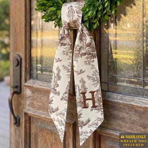 Brown Toile Monogram Wreath Sash, Custom Fall Waterproof Thick Wreath Sash, Water Resistant Outdoor Wreath Bow, Front Door Decor (Sash ONLY)